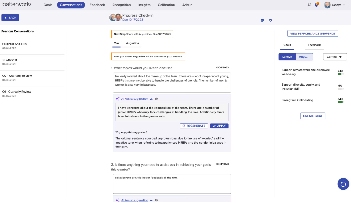 Screenshot of Betterworks correspondence history. Source: Software Advice