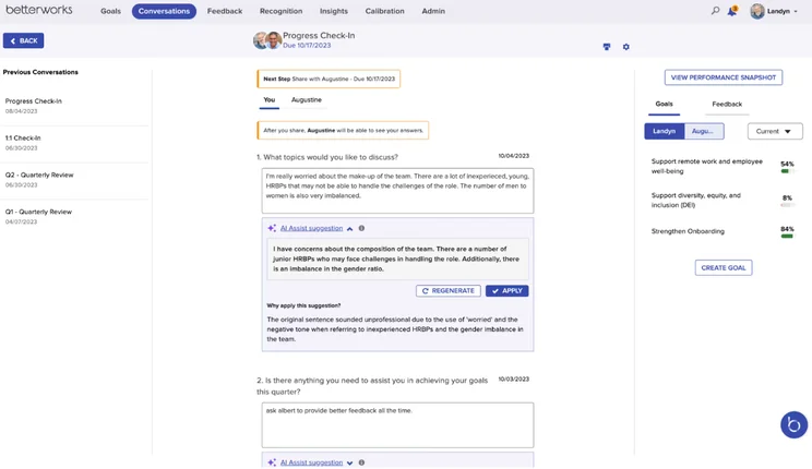 Screenshot of Betterworks correspondence history. Source: Software Advice