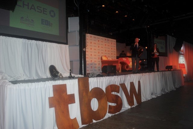 Tampa Mayor Bob Buckhorn joins Tampa Bay Startup Week lead organizer on stage at the #TBSW16 kickoff party.