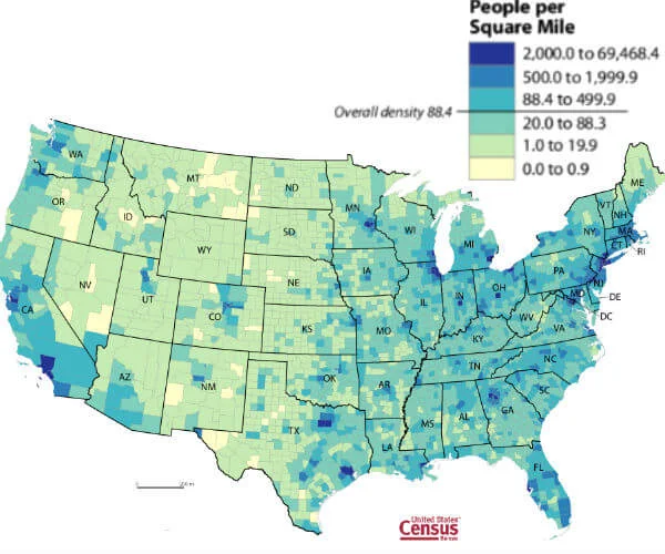 Map of the US showing population density by state and county