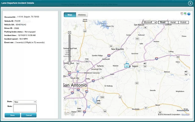 A lane departure incident on Omnitracs dashboard