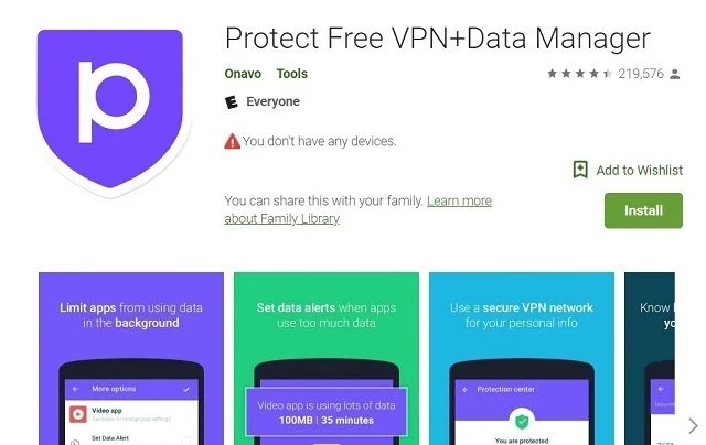 The Onavo Protect VPN app, on Google Play