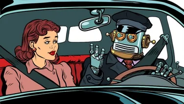 Driverless car crashes robot driver in car with woman medium