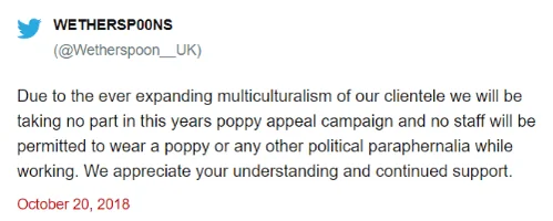 Wetherspoon Parody Poppy Appeal Tweet