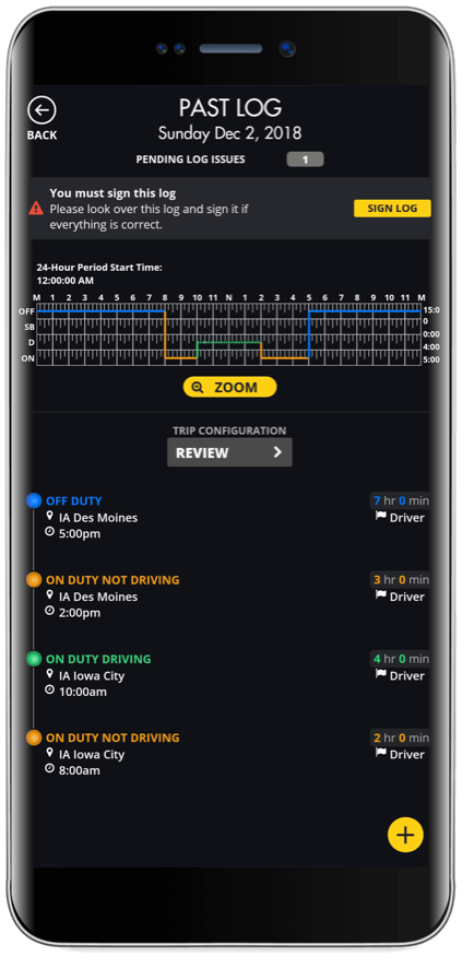 DriveELD ELD compliance software: Past Log