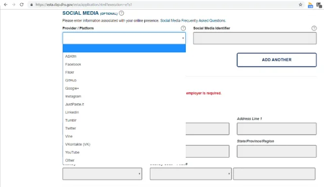 US visa application social media details