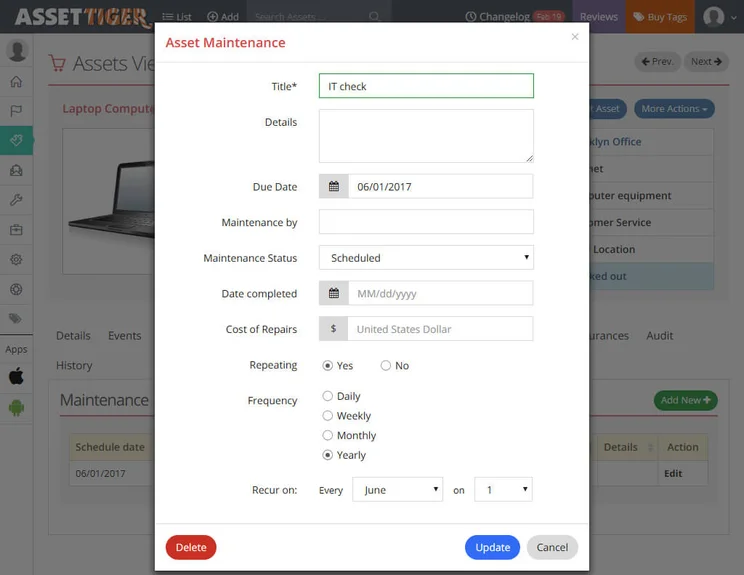 AssetTiger asset maintenance page