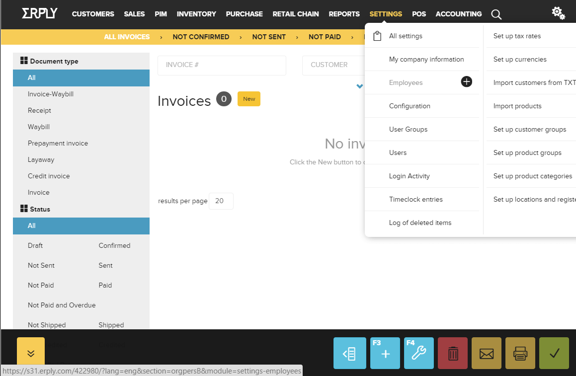 Erply retail POS: Settings page