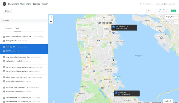 Samsara fleet map lets managers view trips with both a lefthand sidebar list and a map. Image source: Samsara