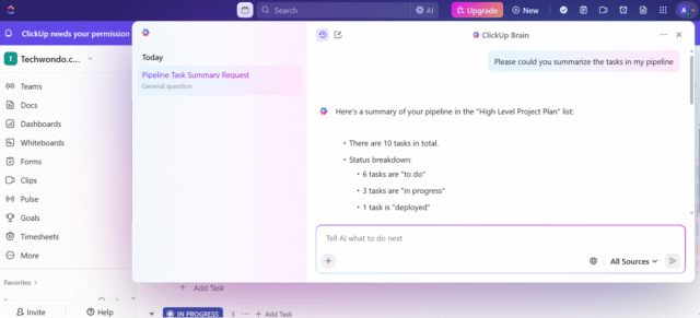 Screenshot of ClickUp Brain. Source: Tech.co testing