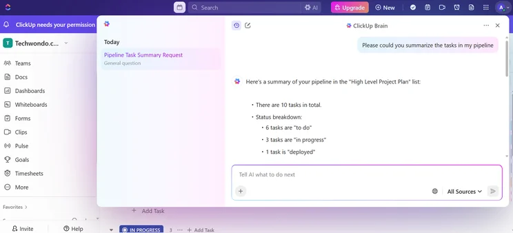 Screenshot of ClickUp Brain. Source: Tech.co testing