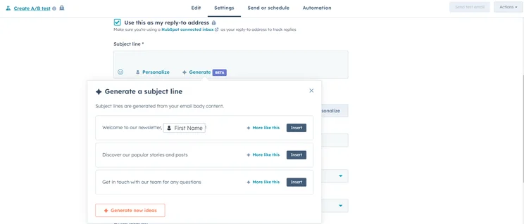 Generating a subject line with HubSpot AI