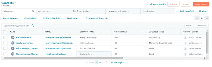 A list of marketing contacts compiled in HubSpot. Image: Tech.co