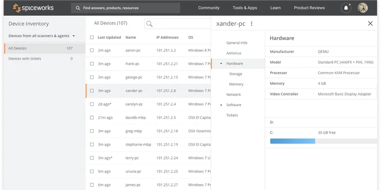 Screenshot of Spiceworks asset tracking inventory feature