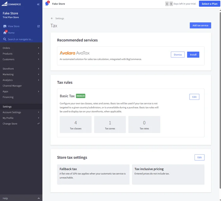 BigCommerce Taxes interface