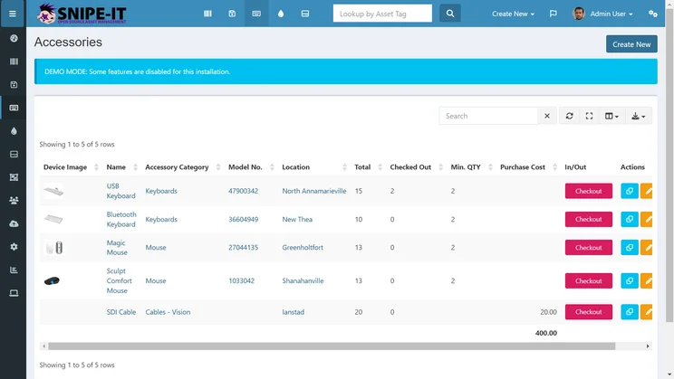 Snipe-IT's interface lists accessories. Source: Tech.co's testing