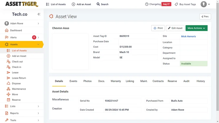 AssetTiger's list of assets covers costs, purchase date, location, and more.