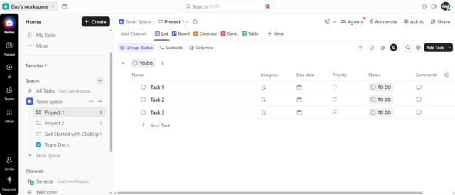 Screenshot of ClickUp List view. Source: Tech.co testing