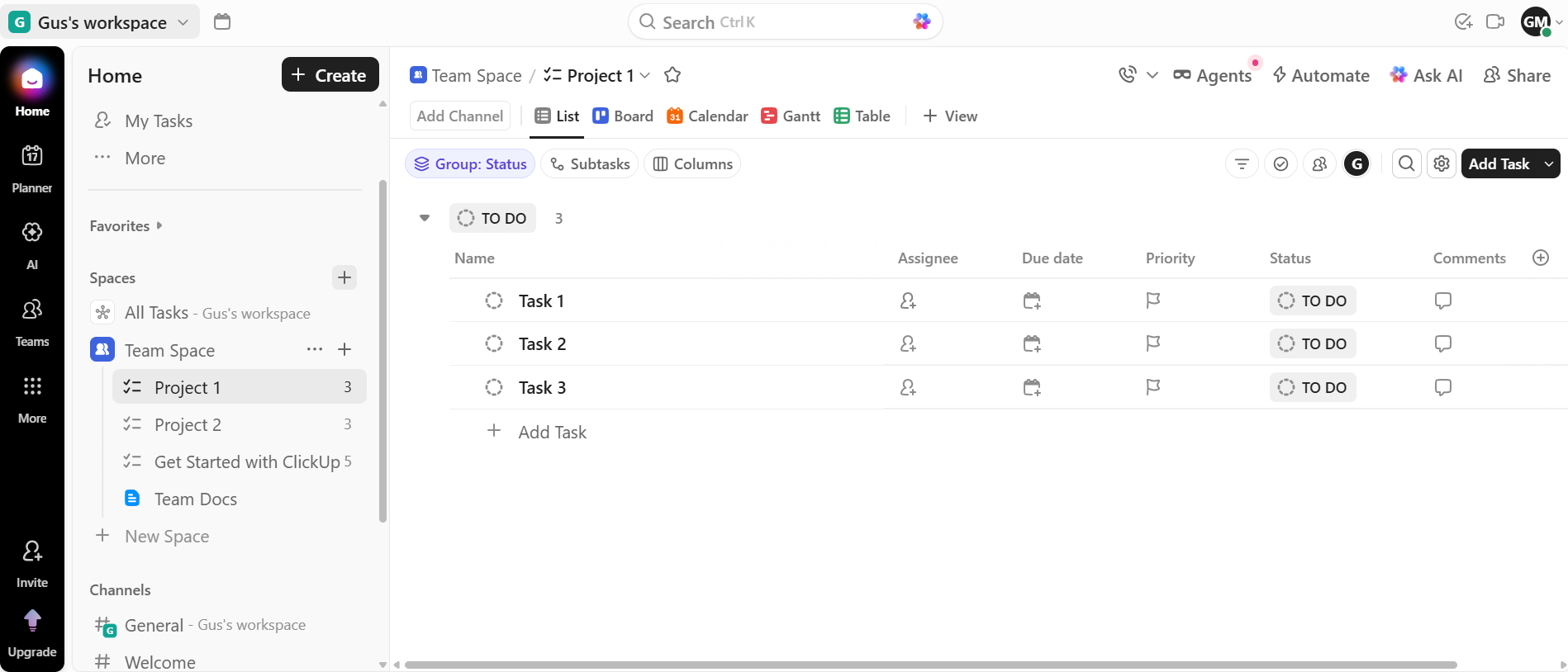 Screenshot of ClickUp List view. Source: Tech.co testing