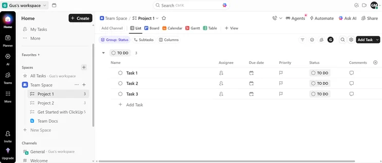 Screenshot of ClickUp List view. Source: Tech.co testing