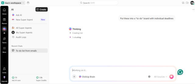 Screenshot of ClickUp Brain. Source: Tech.co testing
