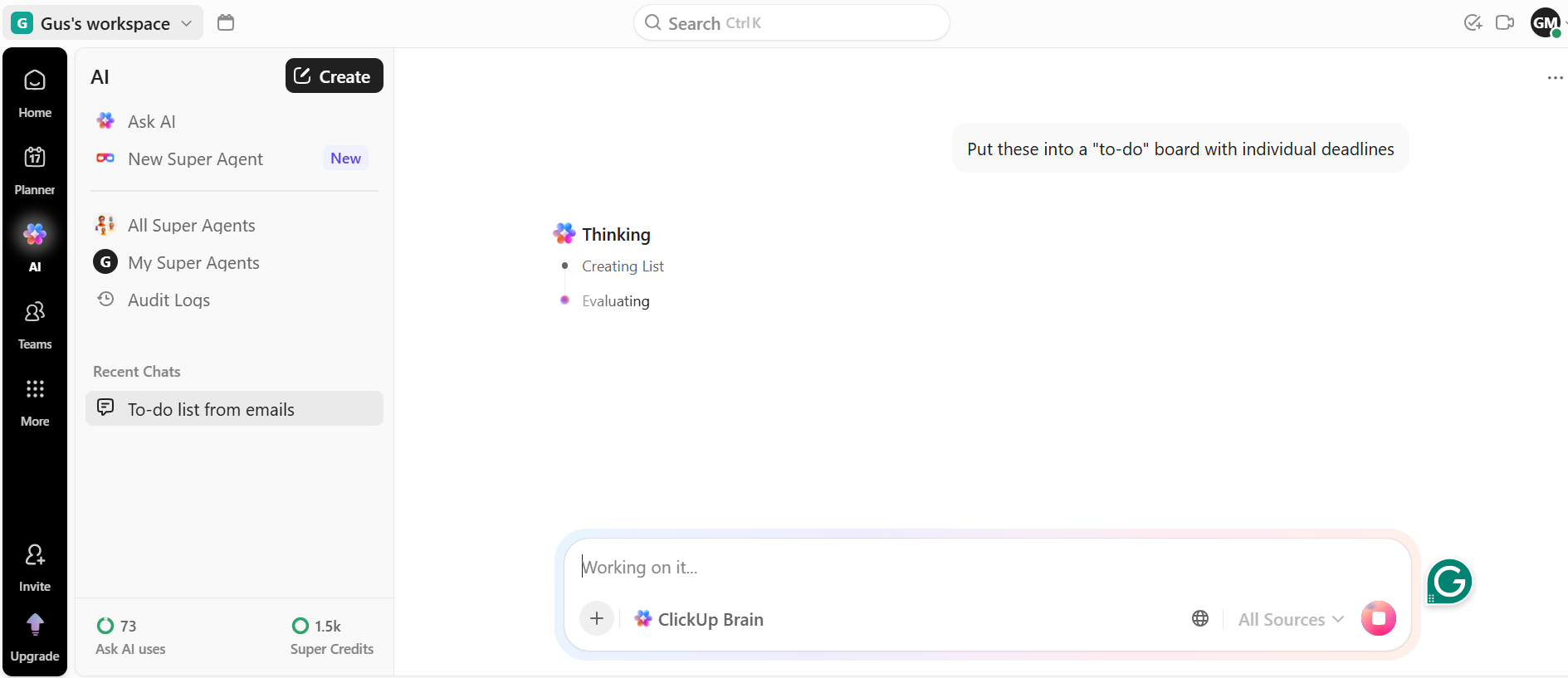 Screenshot of ClickUp Brain. Source: Tech.co testing