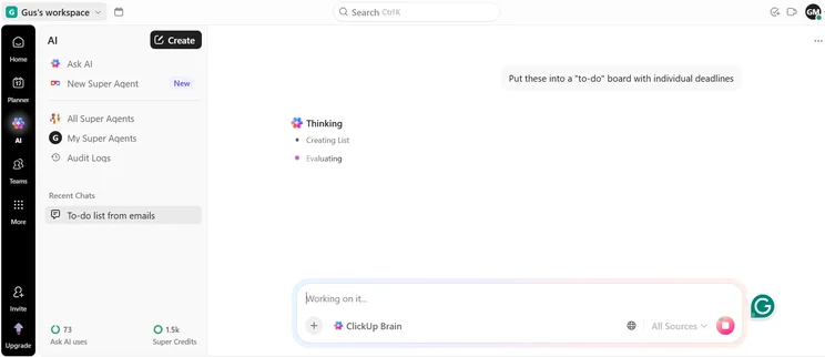 Screenshot of ClickUp Brain. Source: Tech.co testing