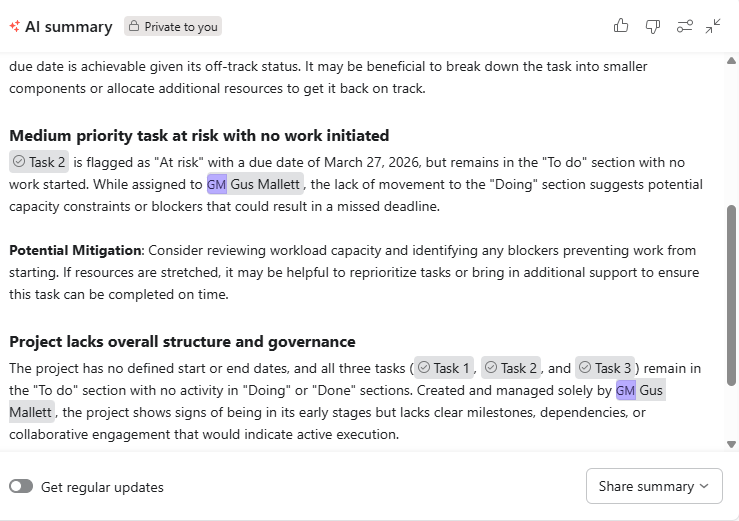 Screenshot of Asana AI report. Source: Tech.co testing