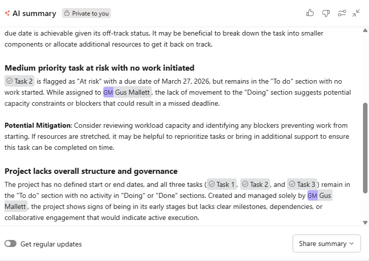 Screenshot of Asana AI report. Source: Tech.co testing