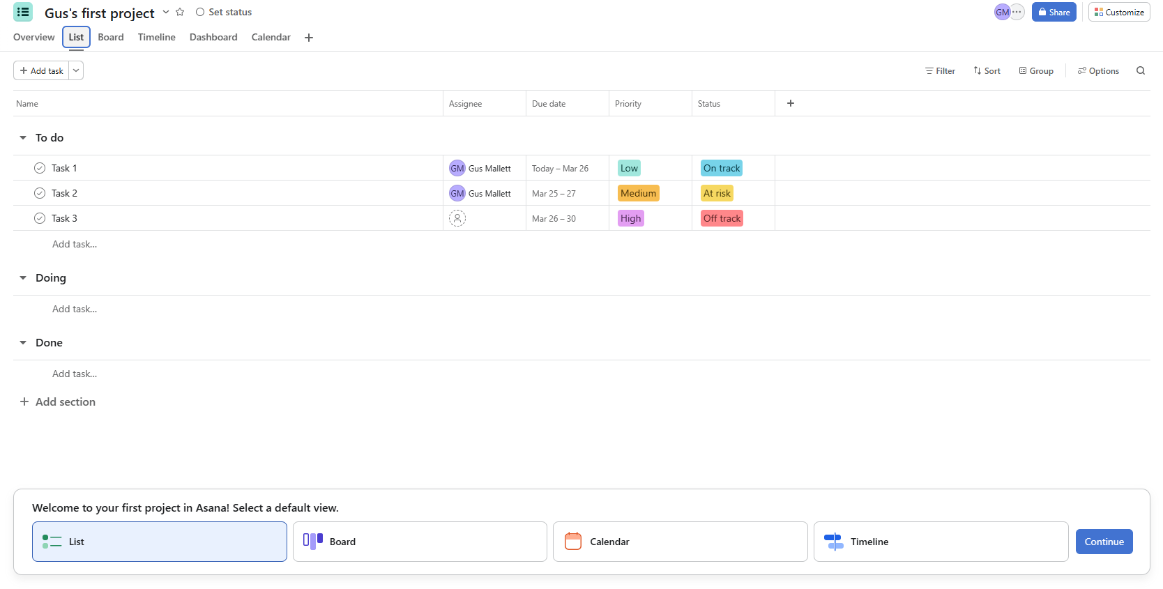 Screenshot of Asana list view. Source: Tech.co testing