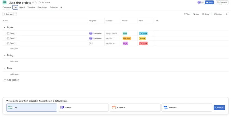 Screenshot of Asana list view. Source: Tech.co testing