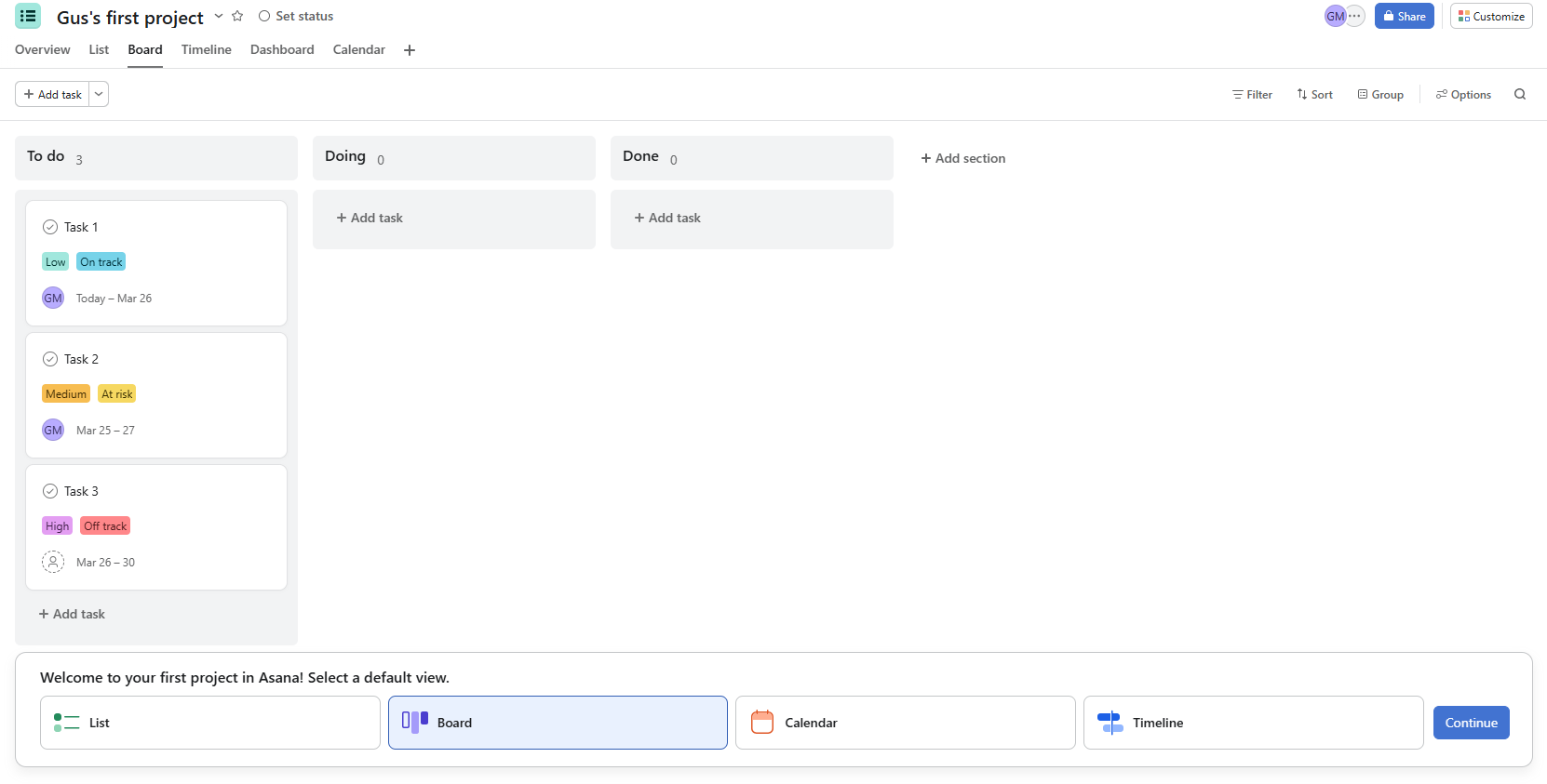 Screenshot of Asana board view. Source: Tech.co testing