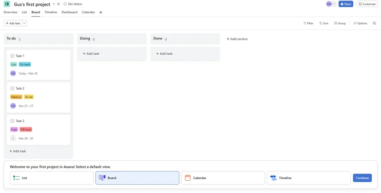 Screenshot of Asana board view. Source: Tech.co testing