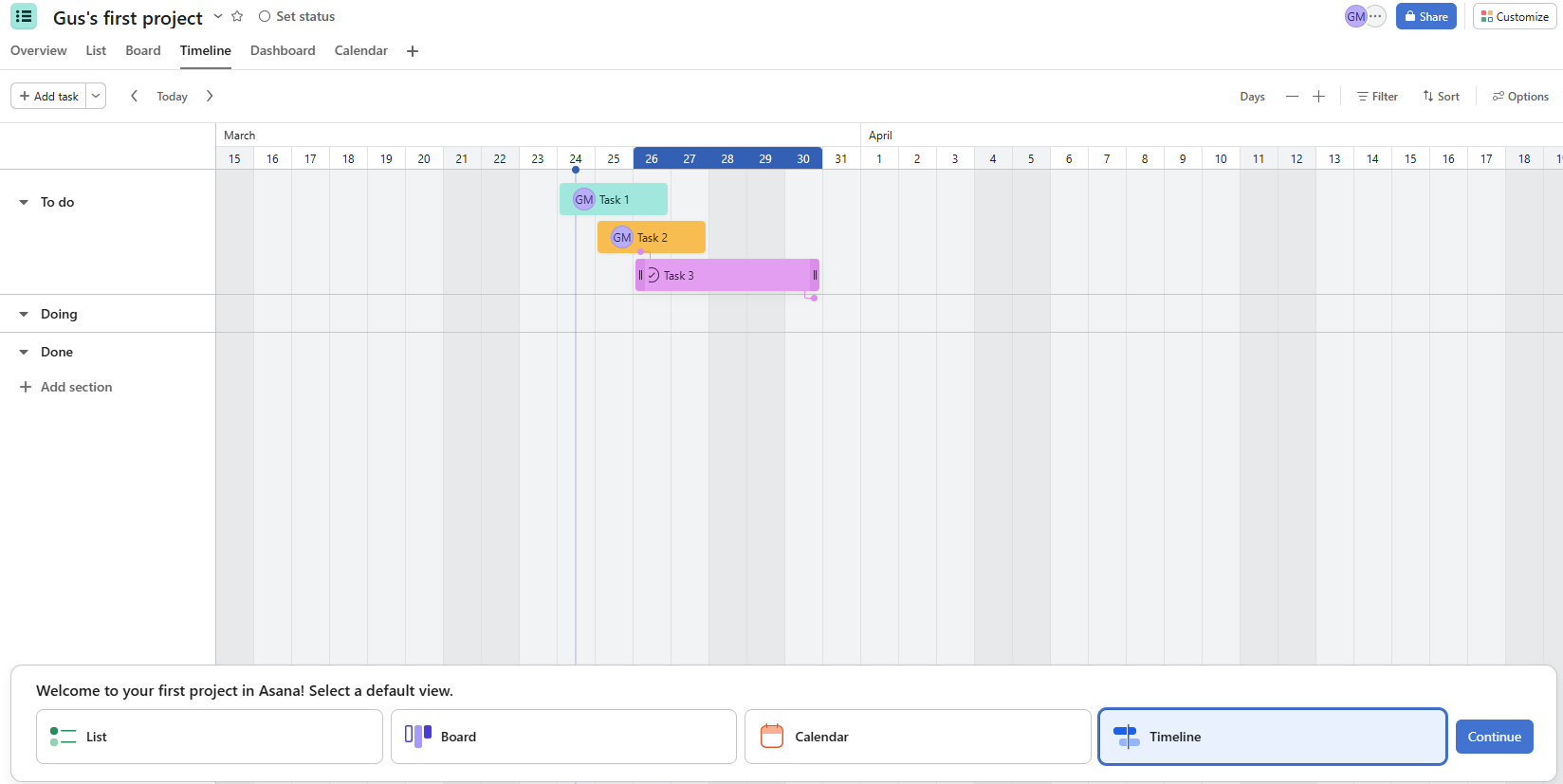 Screenshot of Asana timeline view. Source: Tech.co testing