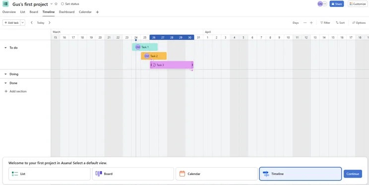 Screenshot of Asana timeline view. Source: Tech.co testing