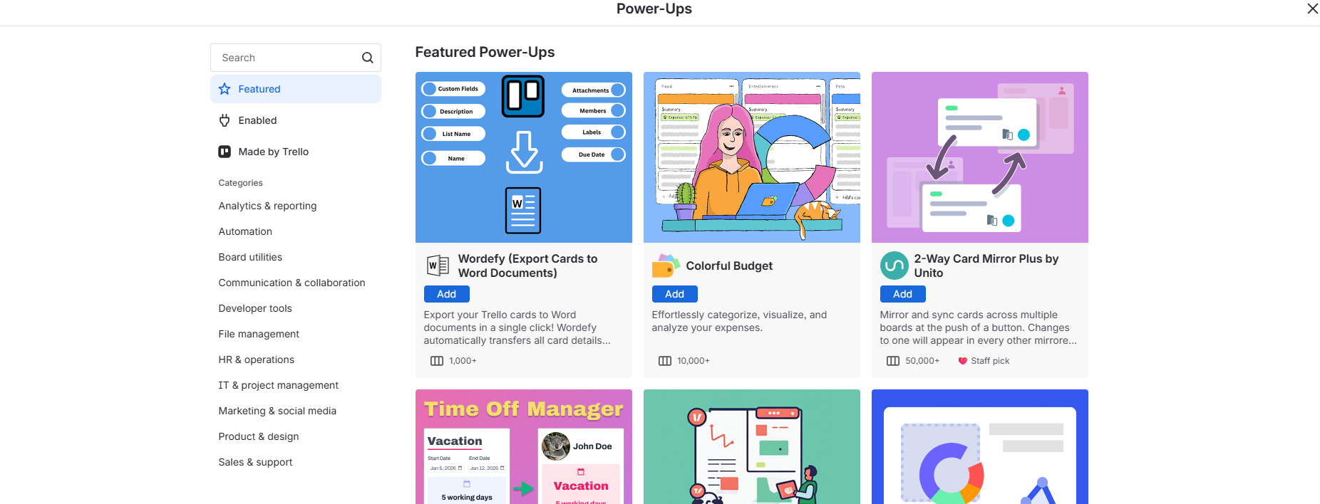 Screenshot of Trello Power-Ups library. Source: Tech.co testing