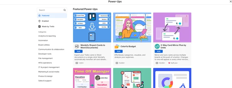 Screenshot of Trello Power-Ups library. Source: Tech.co testing