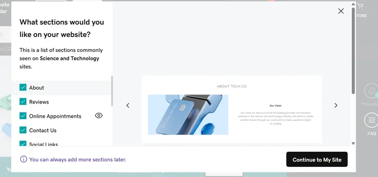 Screenshot of GoDaddy AI-generated website. Source: Tech.co testing