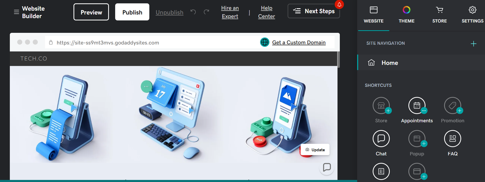 Screenshot of GoDaddy AI-generated site. Source: Tech.co testing