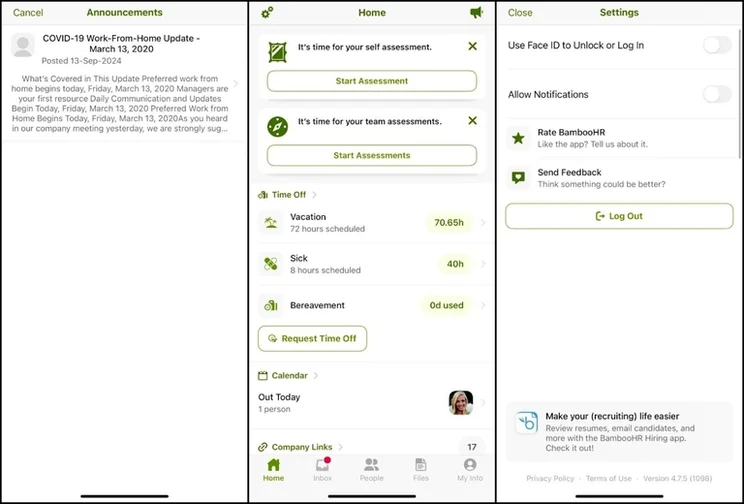 Screenshot of BambooHR mobile app. Source: Connectteam