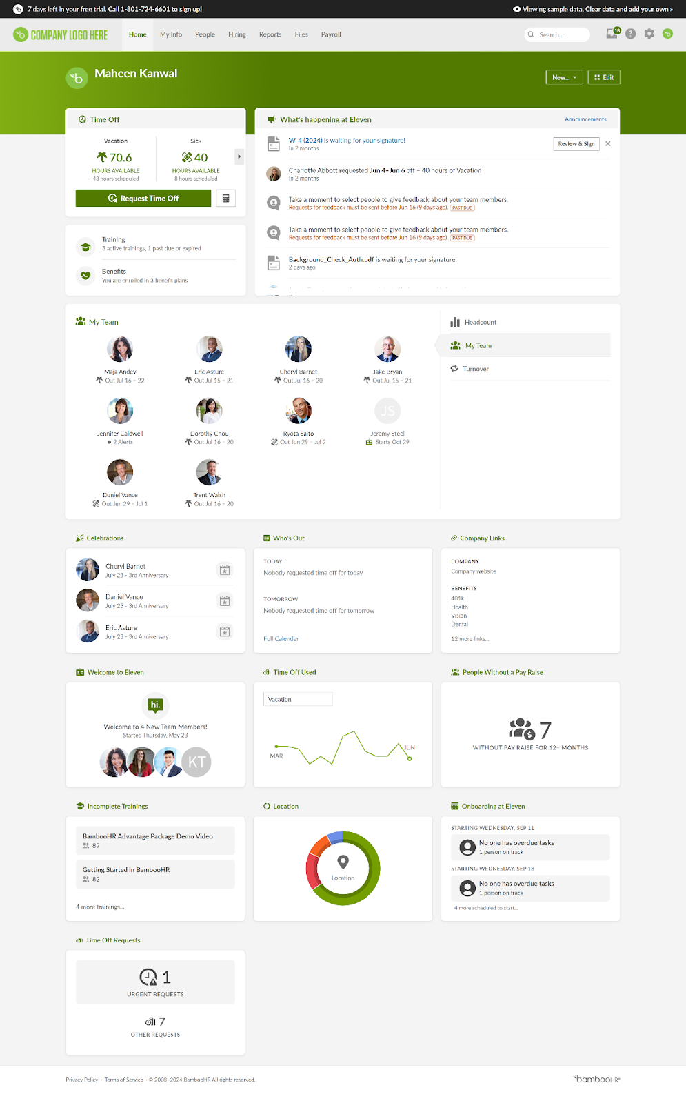 Screenshot of BambooHR employee dashboard. Source: Connect Team