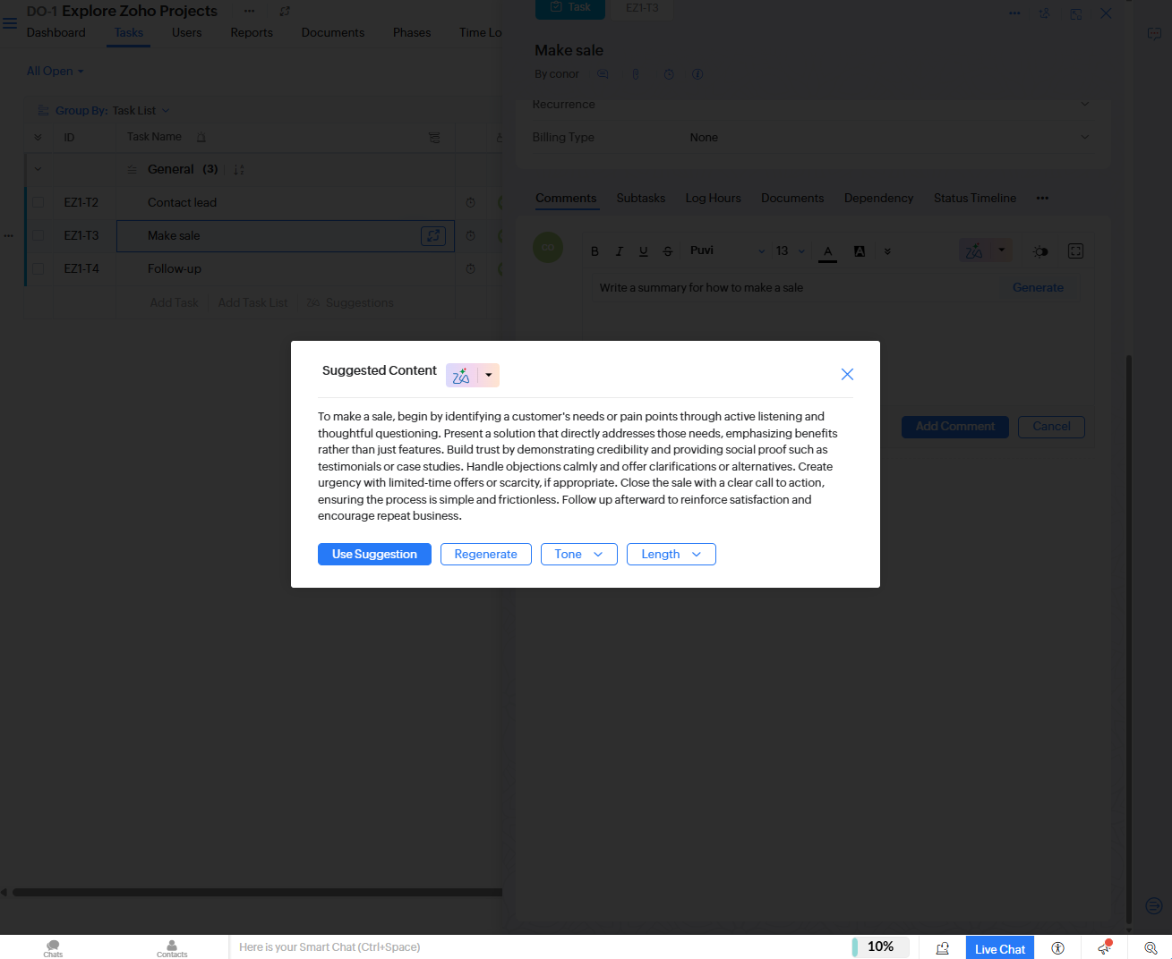 Zia AI can generate summaries, descriptions, and other content to expedite task assignments. Source: Tech.co testing