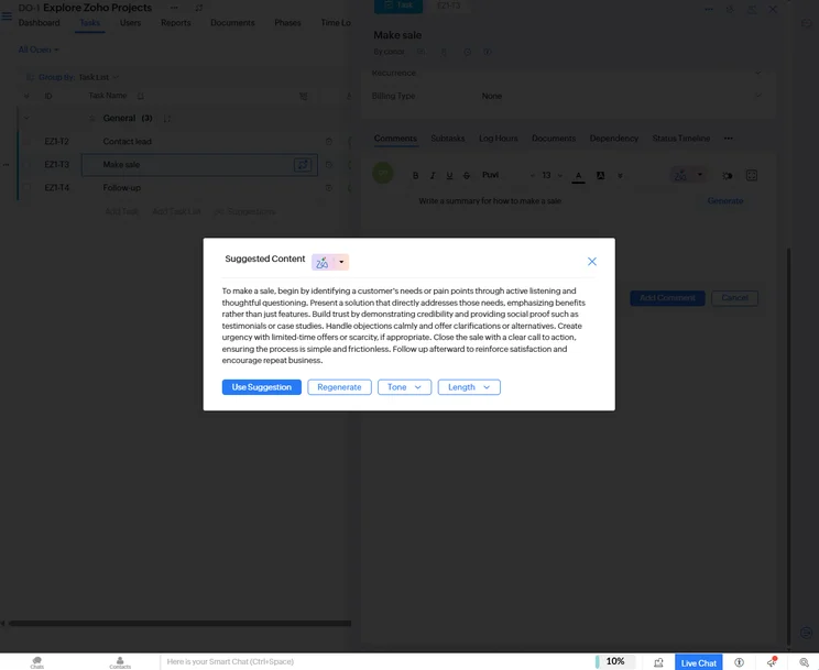 Zia AI can generate summaries, descriptions, and other content to expedite task assignments. Source: Tech.co testing