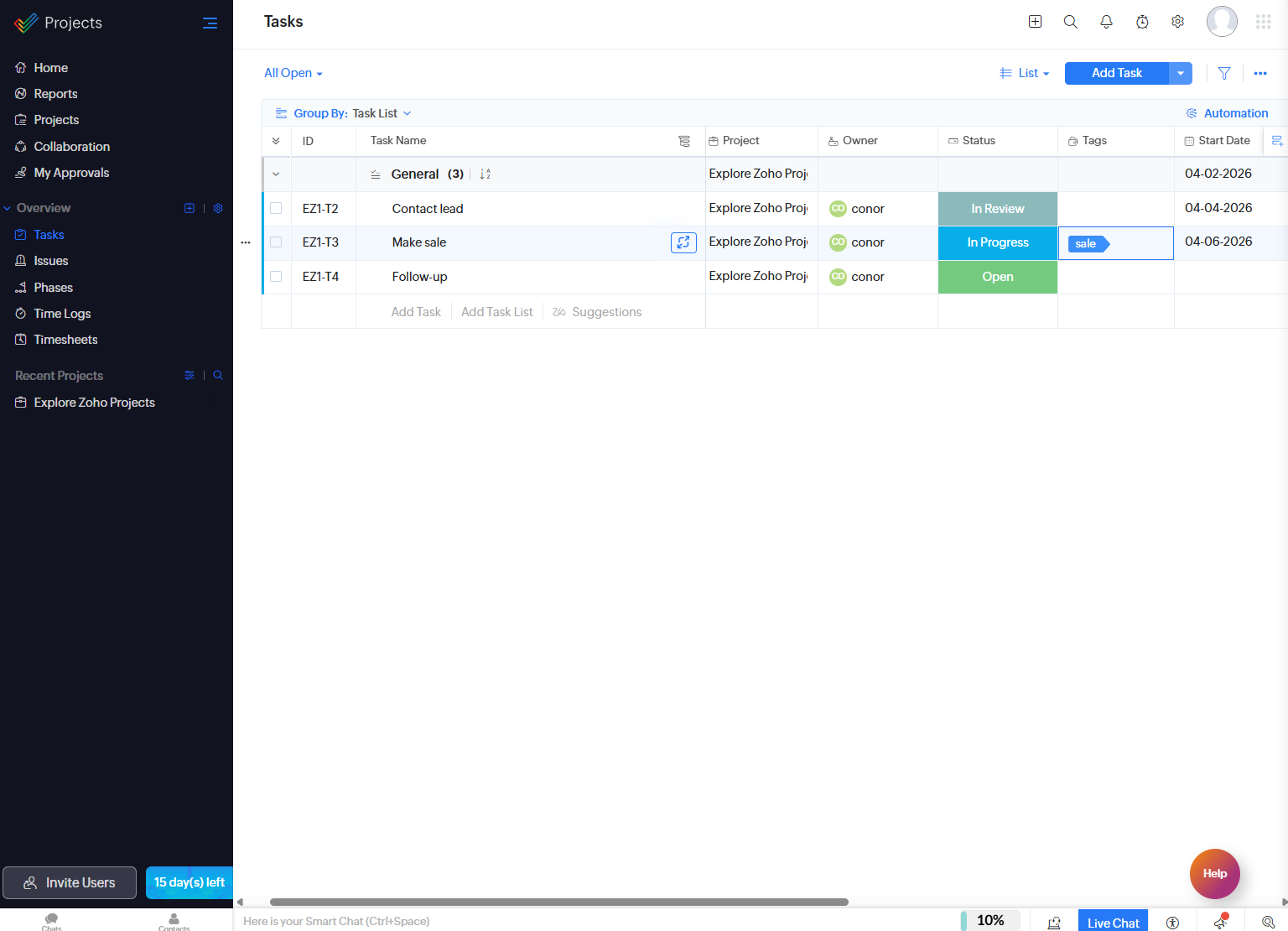 Zoho Projects allowed us to see exactly how far along tasks were in being completed. Source: Tech.co testing