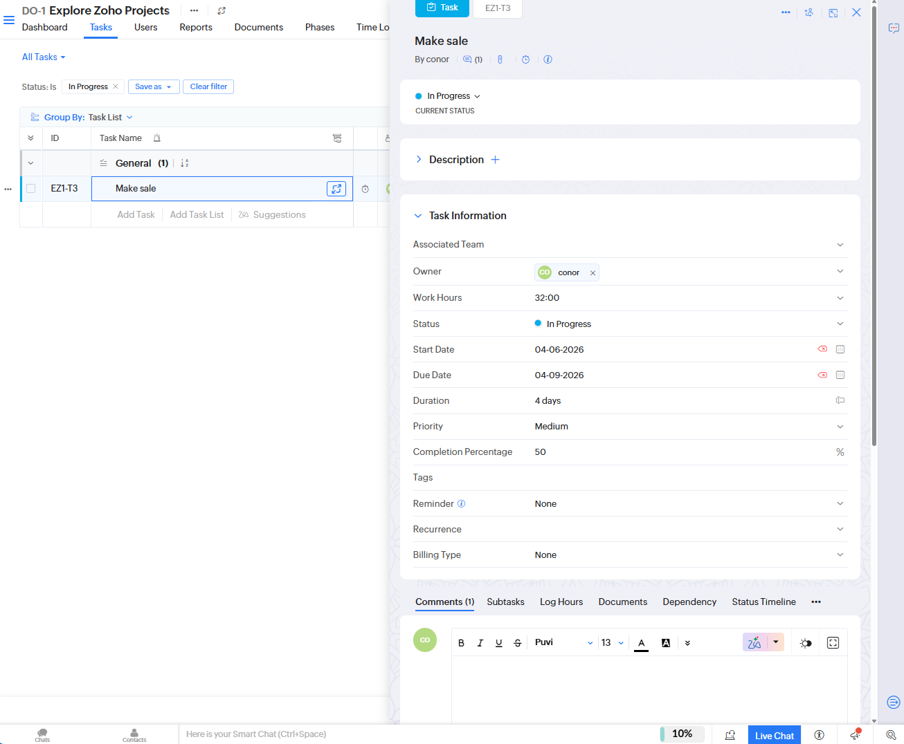 Zoho Projects allowed us to add a lot of information about specific tasks to the platform. Source: Tech.co testing