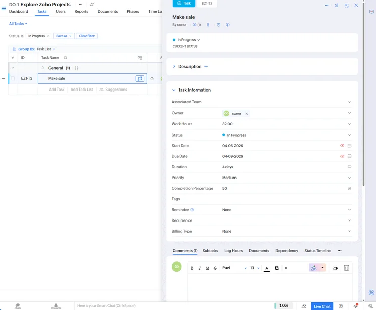 Zoho Projects allowed us to add a lot of information about specific tasks to the platform. Source: Tech.co testing