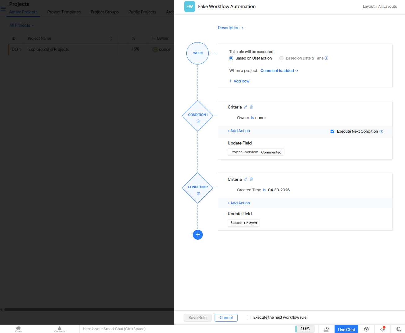Zoho Projects allowed us to create automated workflows with basic if-then logic to streamline operations. Source: Tech.co testing
