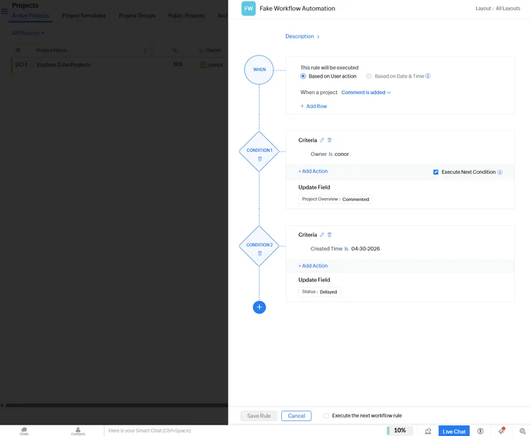 Zoho Projects allowed us to create automated workflows with basic if-then logic to streamline operations. Source: Tech.co testing