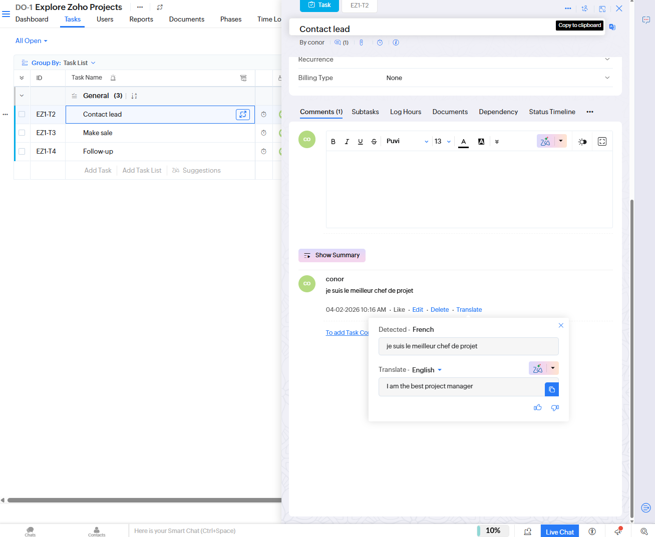 Zia AI can translate comments directly in the platform for international businesses. Source: Tech.co testing