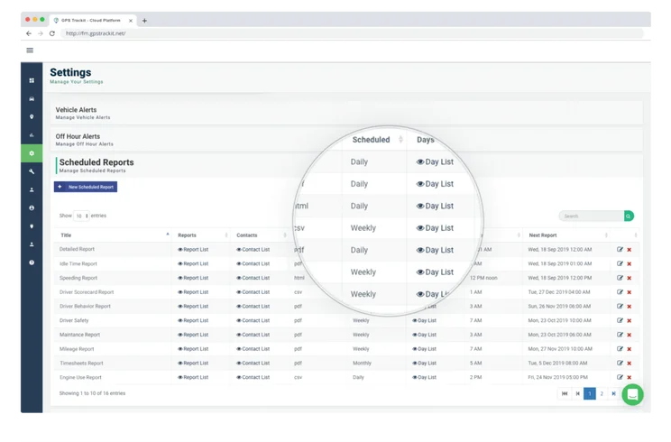 GPS Trackit Fleet Management Settings Scheduled Reports